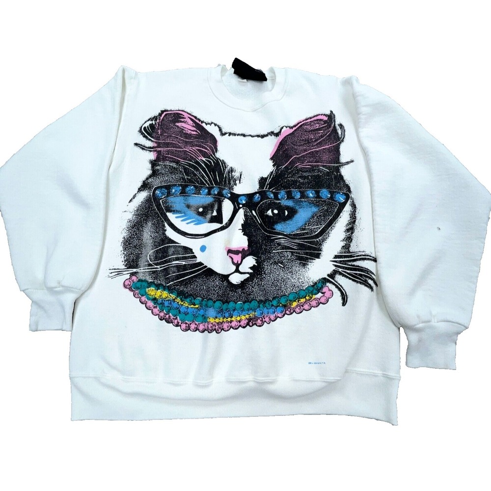Vintage Cat Sweatshirt Women XL White Crew Neck‎ Sweater Pull Over All Over *